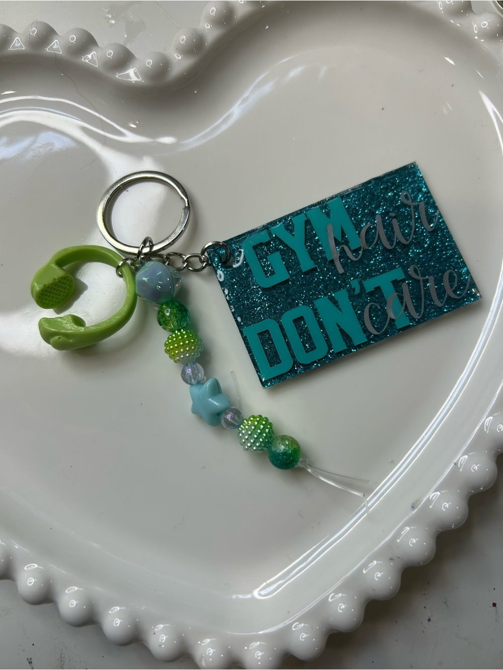 Teal Glitter 'GYM hair DON’T care' Keychain with Green Accents